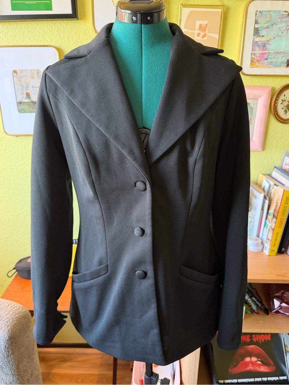 Vintage 70s Jeunique Black Double Knit Blazer Jacket Wide Lapel Hourglass Sz 12